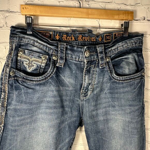 Rock Revival Jeans Mens 34 Blue Rogue Boot Embellished Denim Stretch - Picture 7 of 15